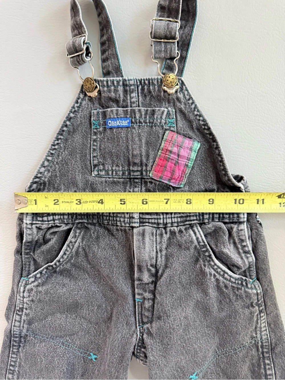 Vintage Oshkosh 80s Overalls Black Wash with Plaid Appliqué & Lining size 3T